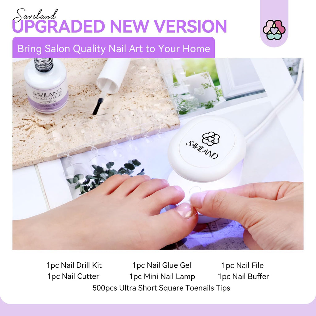 SAVILAND Toe Nail Tips & Glue Gel Kit – Gel Toenails, Nail Drill, Mini Lamp, At-Home Pedicure