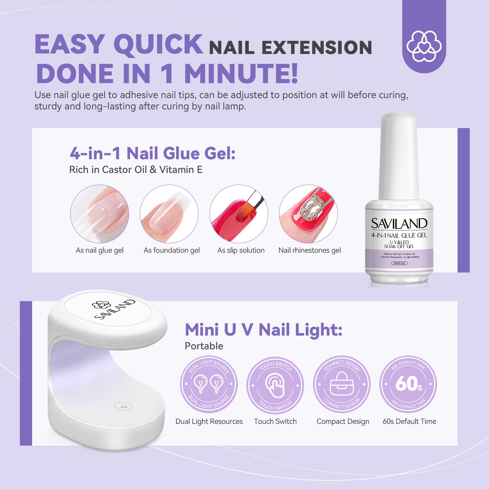 SAVILAND Gel Nail Kit with UV Light | At-Home Manicure Set with 500 Short Coffin Tips, 4-in-1 Glue, Drill & Mini Lamp