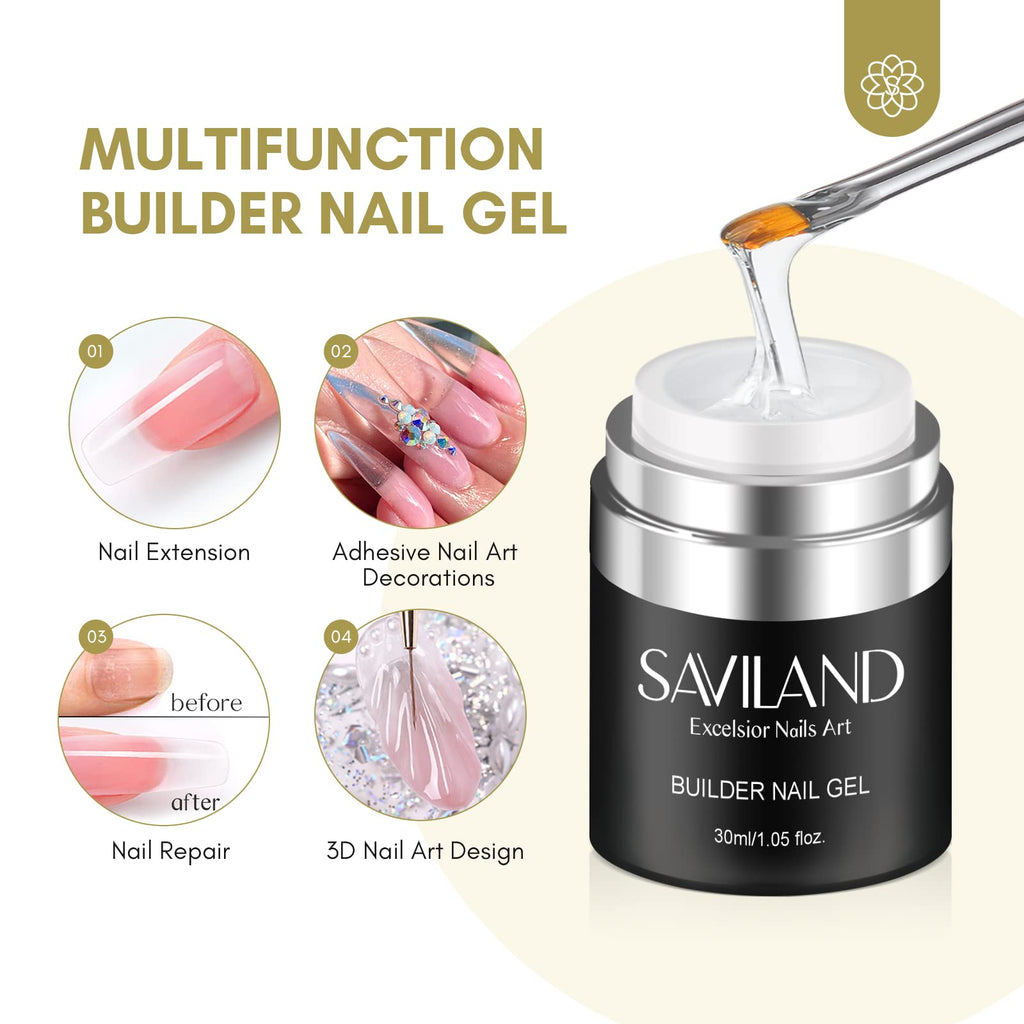 SAVILAND Builder Gel for Nails – 30ml Clear Hard Gel with Air-Cushion Design, Nail Forms & Brush