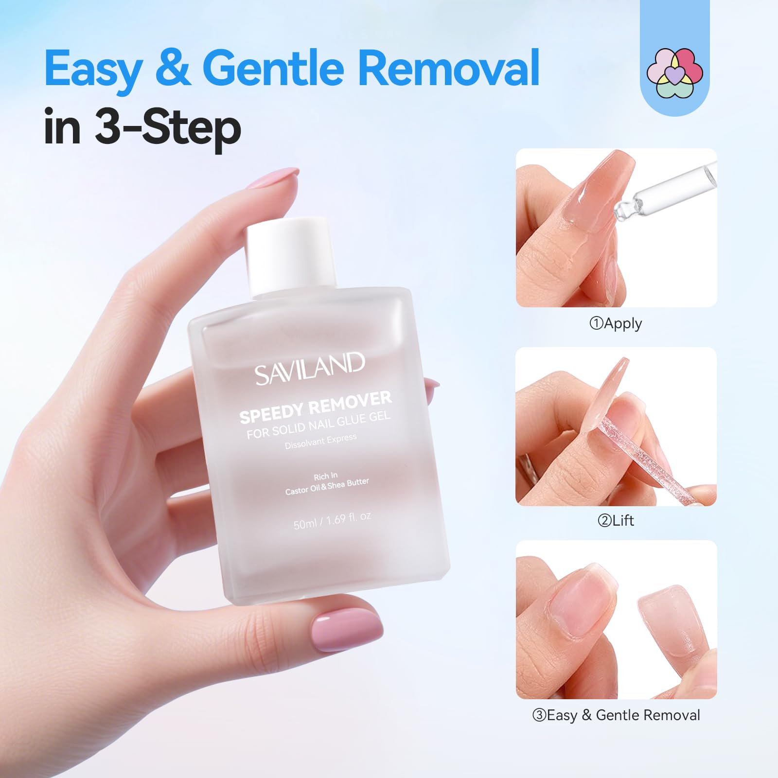 SAVILAND Nail Glue Remover for Press-On Nails – 50 ml, Non-Acetone, Odor-Free with Castor Oil