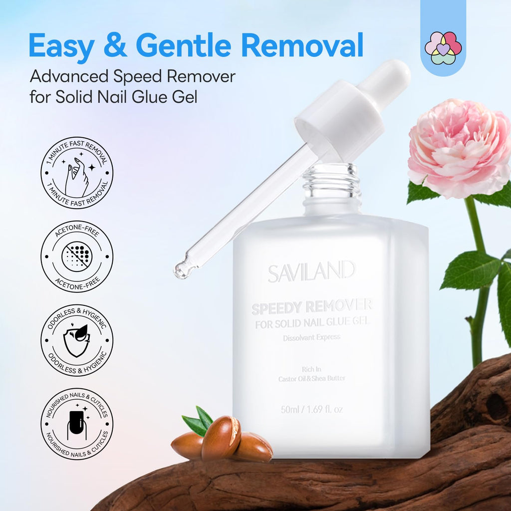 SAVILAND Nail Glue Remover for Press-On Nails – 50 ml, Non-Acetone, Odor-Free with Castor Oil