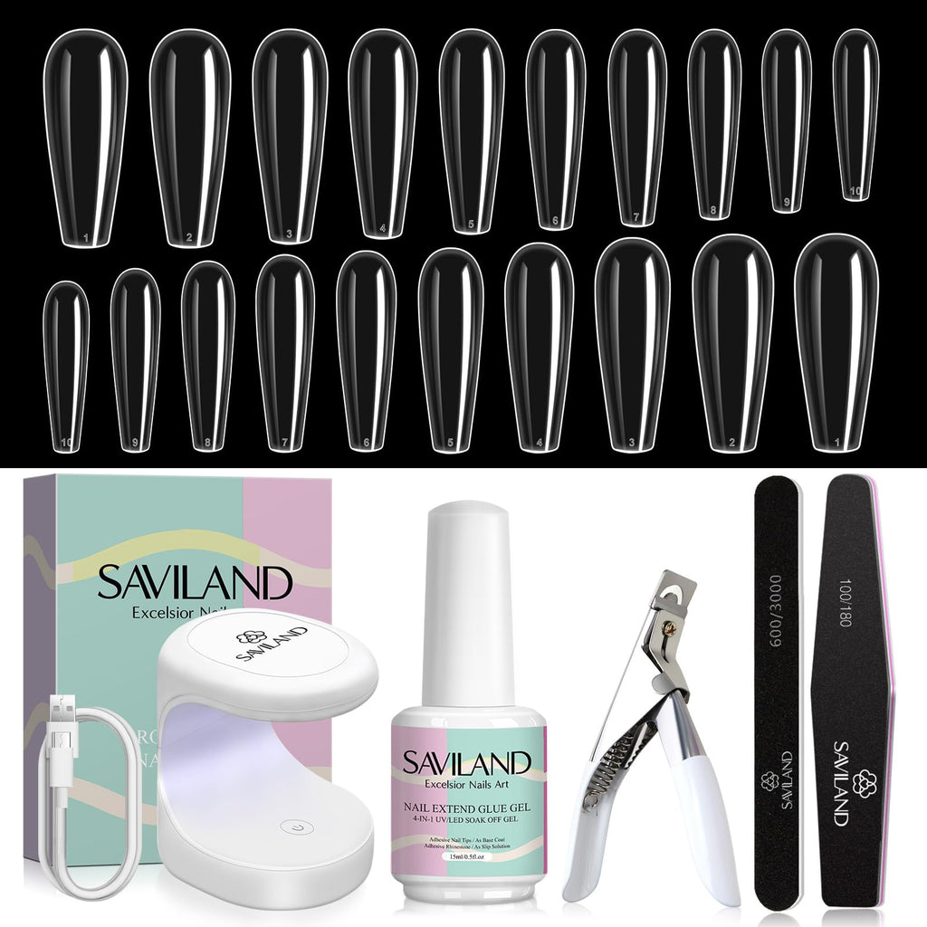 SAVILAND Nail Kit for Beginners — All-in-One Coffin Tips, 4-in-1 Glue & Mini UV Lamp