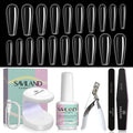 SAVILAND Nail Kit for Beginners — All-in-One Coffin Tips, 4-in-1 Glue & Mini UV Lamp