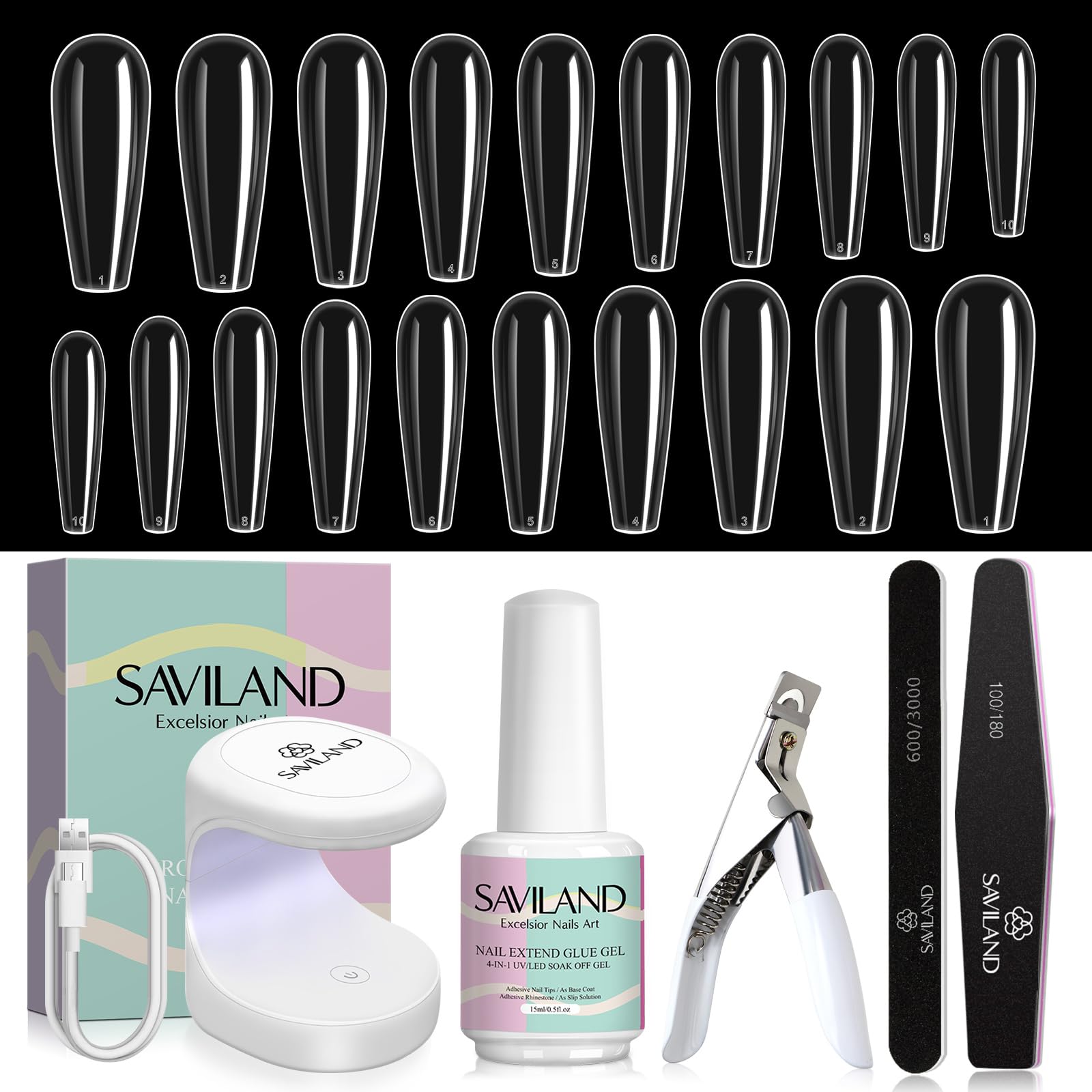 SAVILAND Nail Kit for Beginners — All-in-One Coffin Tips, 4-in-1 Glue & Mini UV Lamp