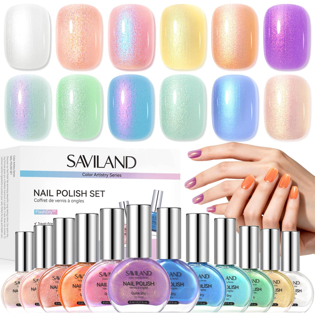 SAVILAND Nail Polish Set - 12-Free Quick Dry Glitter Colors + Mermaid Top Coat