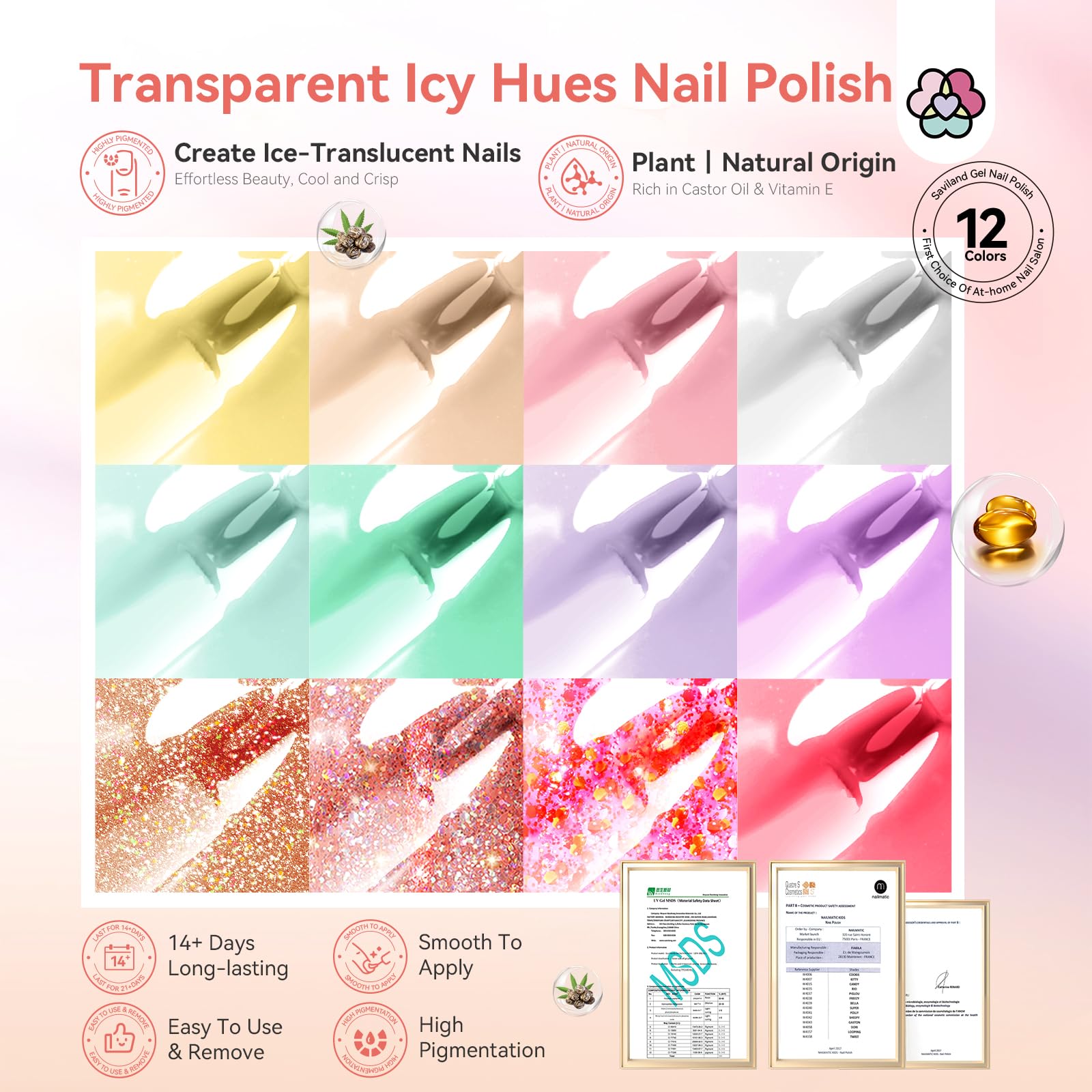 SAVILAND Nail Polish Set Quick-Dry – Summer Jelly Pastel Pink (Base & Top Coat, 0.34 oz)