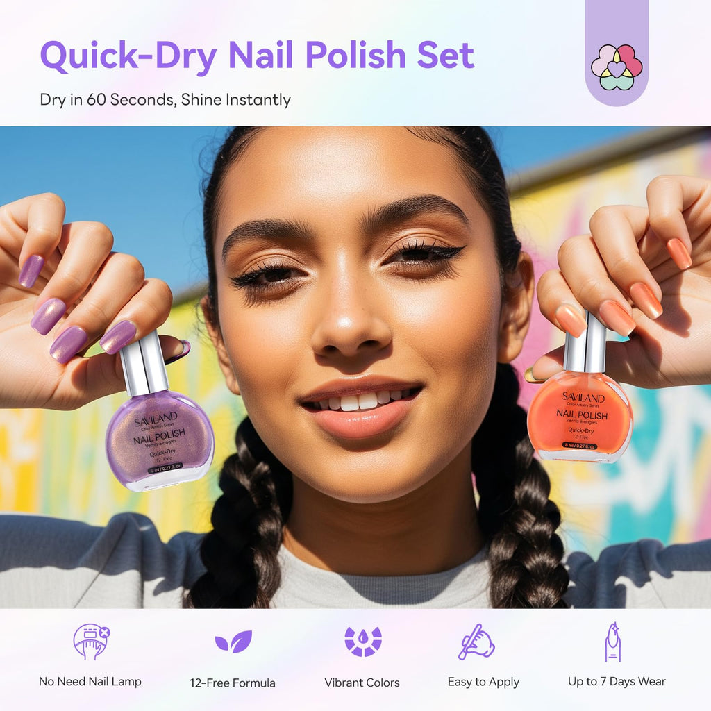 SAVILAND Nail Polish Set - 12-Free Quick Dry Glitter Colors + Mermaid Top Coat