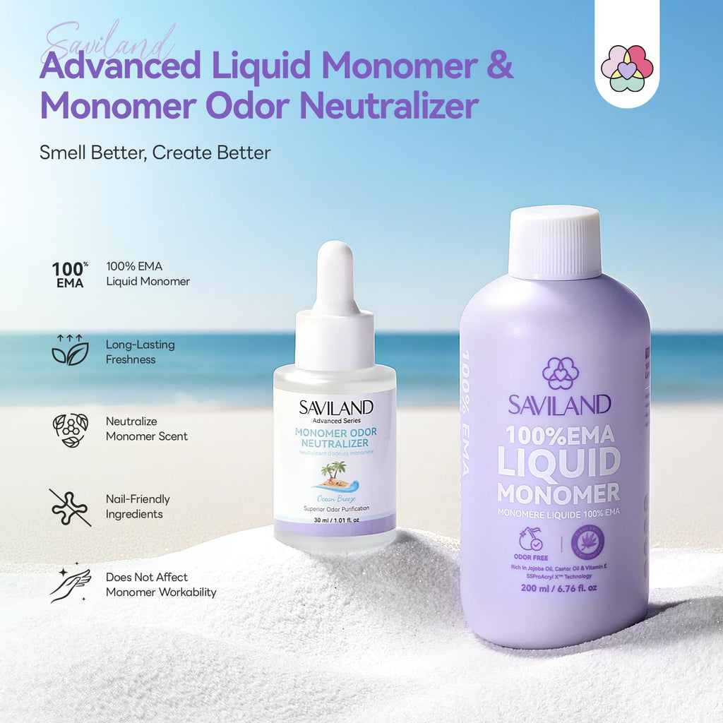 SAVILAND EMA Monomer 200ml + Ocean Breeze Odor Neutralizer 30ml (MMA-Free, Non-Yellowing) – Acrylic Liquid Set