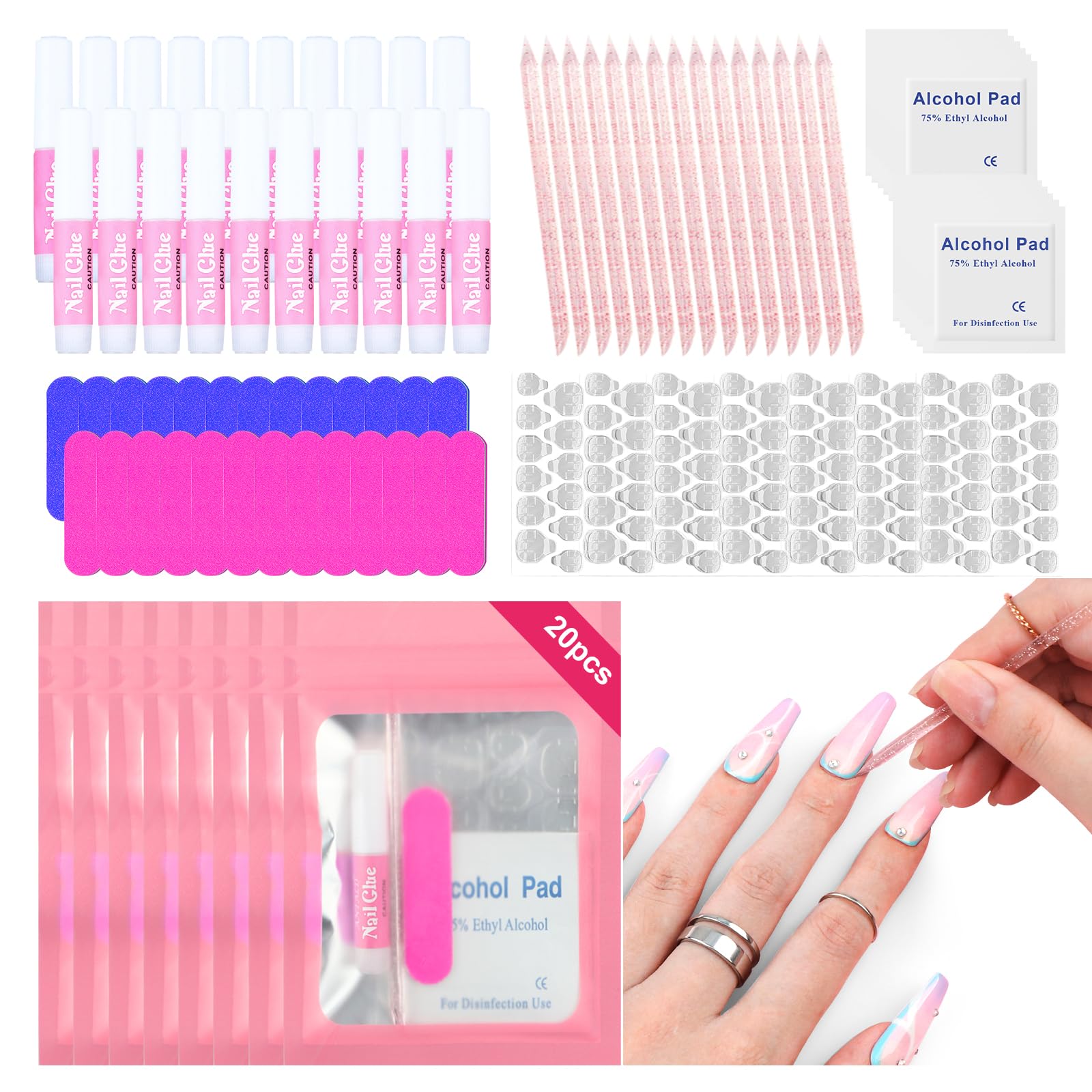SAVILAND 20PCS Press On Nail Tool Kit — Nail Prep Kit with Glue, Tabs, Files, Sticks | Portable Salon Essentials
