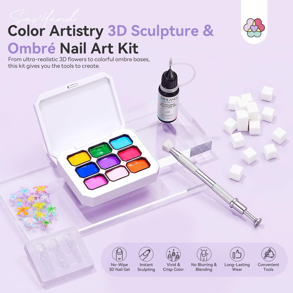 SAVILAND 3D Patting Gel Polish Kit: 9-Color Ombre & 3D Flower Mold
