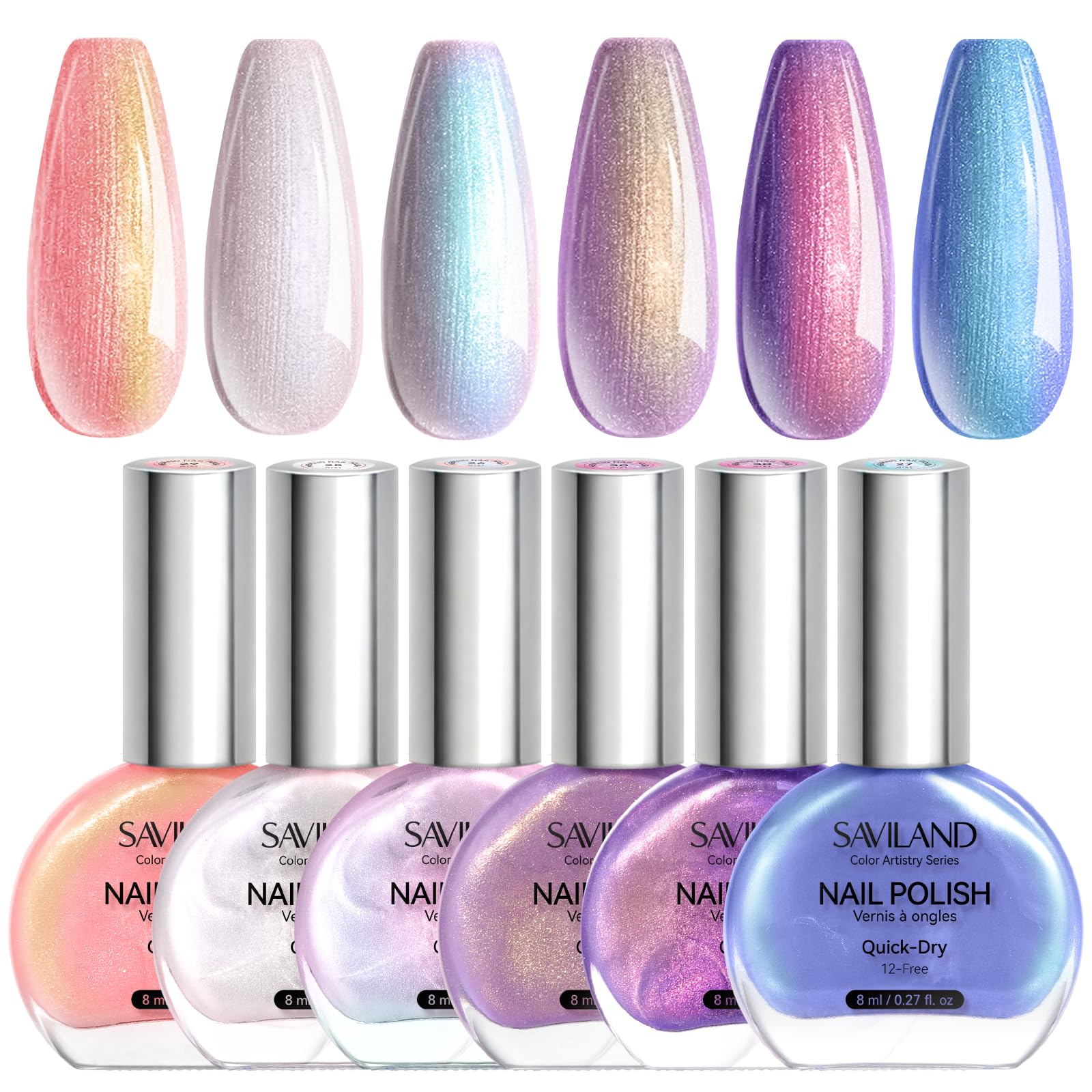 SAVILAND Pearl Nail Polish Set – Quick-Dry 12-Free Aurora (6 Shimmer Colors)