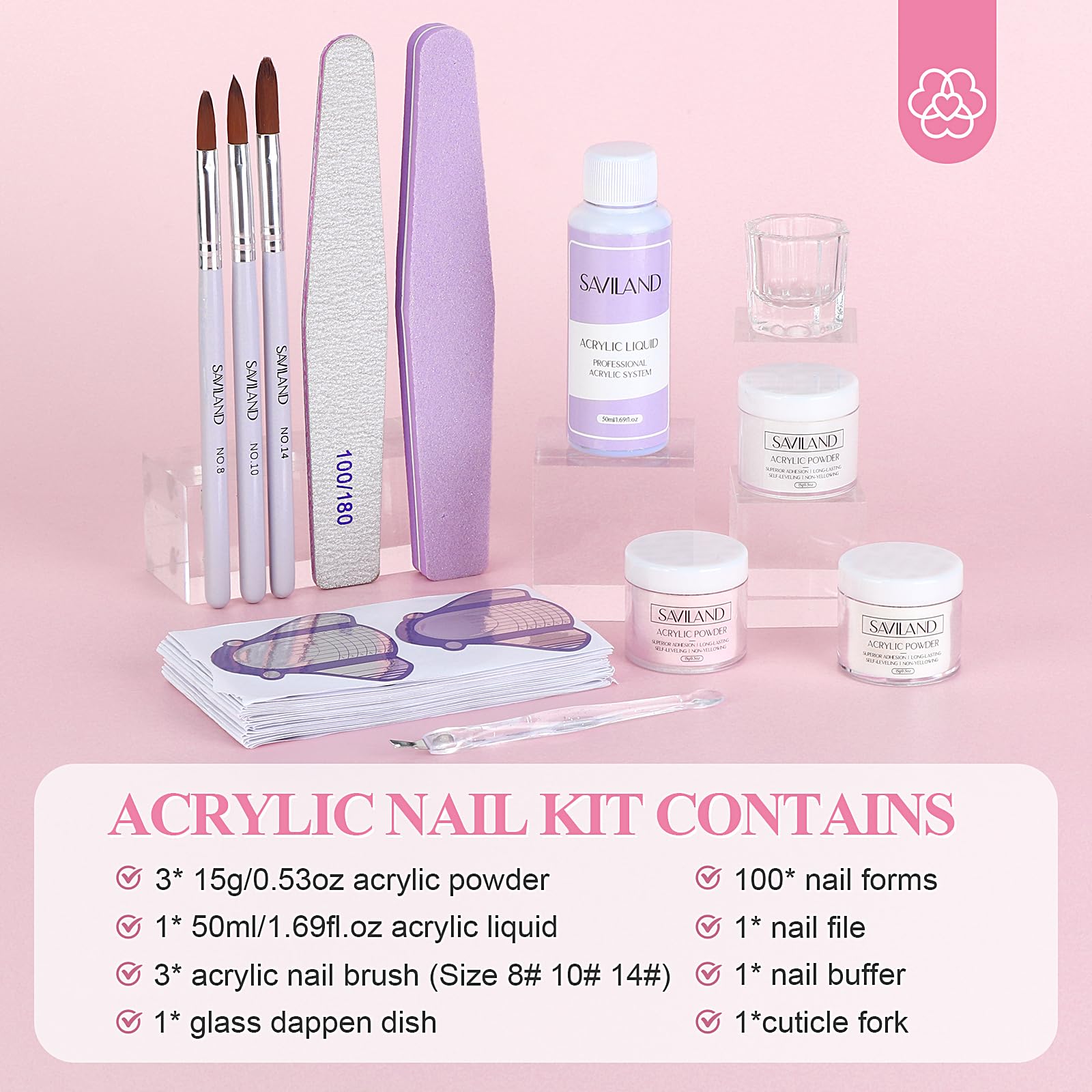 SAVILAND Acrylic Nail Kit Starter Set — Beginner Home Kit with Pink/White/Clear Powders, 50ml Liquid