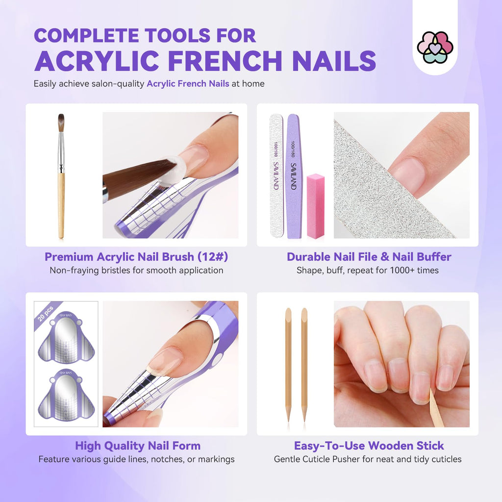 SAVILAND Acrylic Nail Kit – Keratin Powder, Castor Oil, Nail Primer, French Tips & Rhinestones