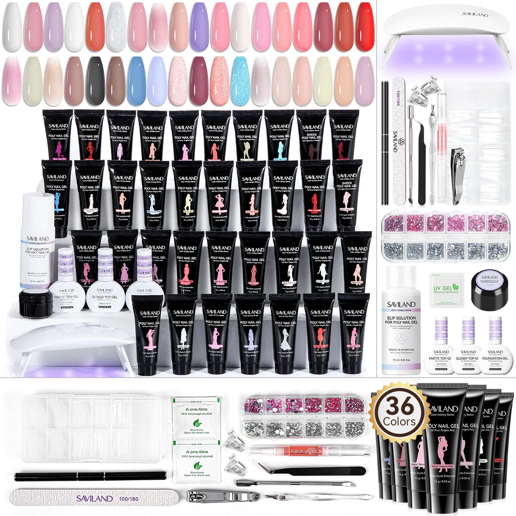 SAVILAND Poly Gel Nail Kit for Starter — 36 Colors, Slip Solution, Mini UV/LED Lamp | All-in-1 Kit