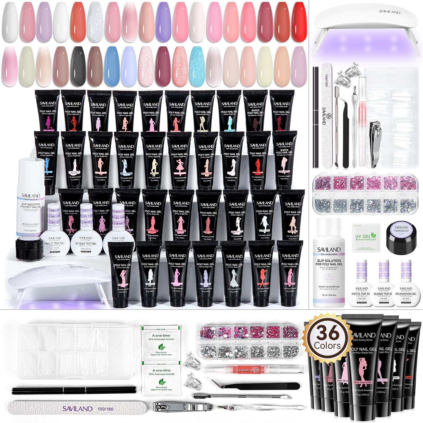 SAVILAND Poly Gel Nail Kit for Starter — 36 Colors, Slip Solution, Mini UV/LED Lamp | All-in-1 Kit