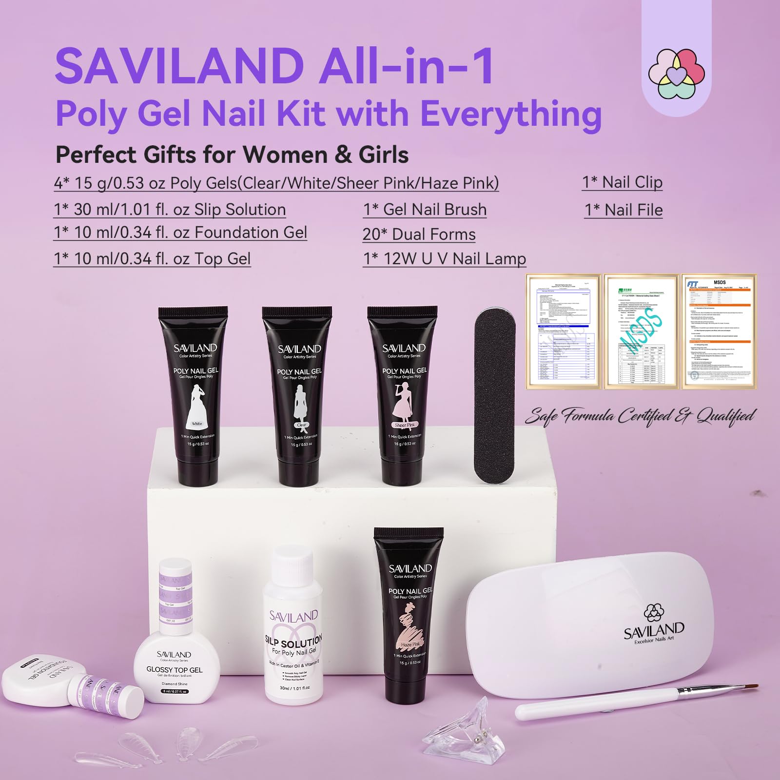 SAVILAND Hema-Free Poly Gel Nail Kit Starter – 4 Colors, UV Lamp, Quick Dry