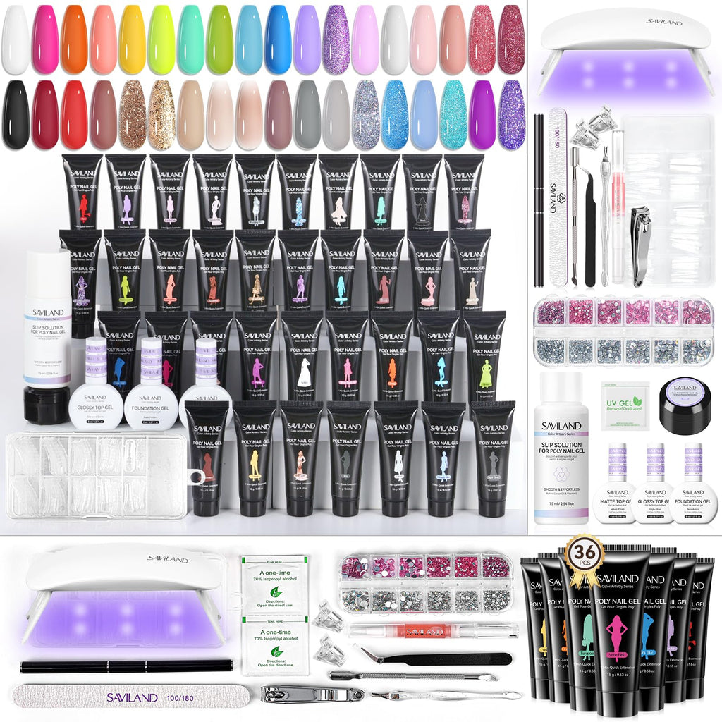 SAVILAND Poly Gel Nail Kit – 36 Colors Starter Set with Mini UV Lamp, Slip Solution & Tools