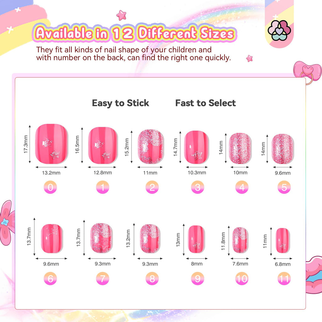 SAVILAND 168 Pieces Kids Press-On Nails – 7 Pack for Girls 8-12 | Glitter Short Full-Cover Nails