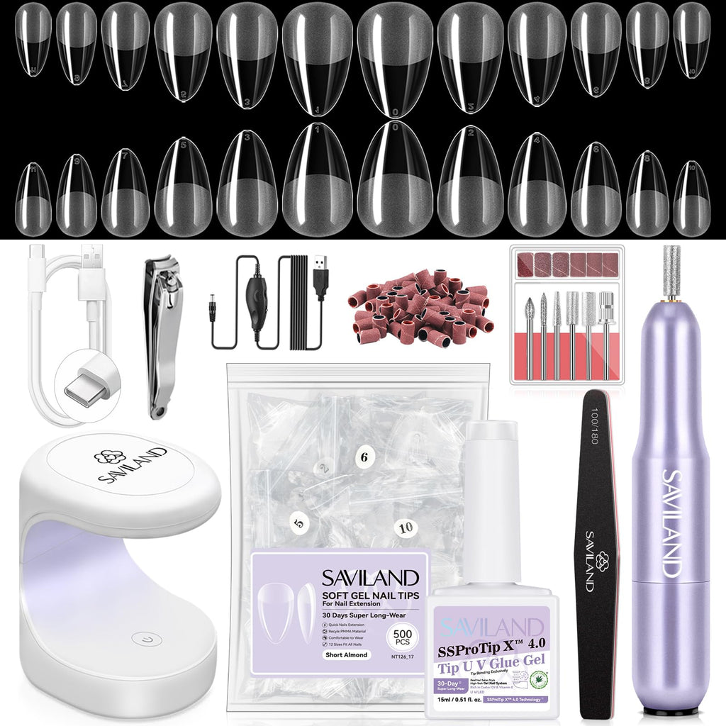 SAVILAND Pro Gel Nail Kit with Drill – Short Almond Tips, 12 Sizes, 500 PCS, Dual-Light Lamp
