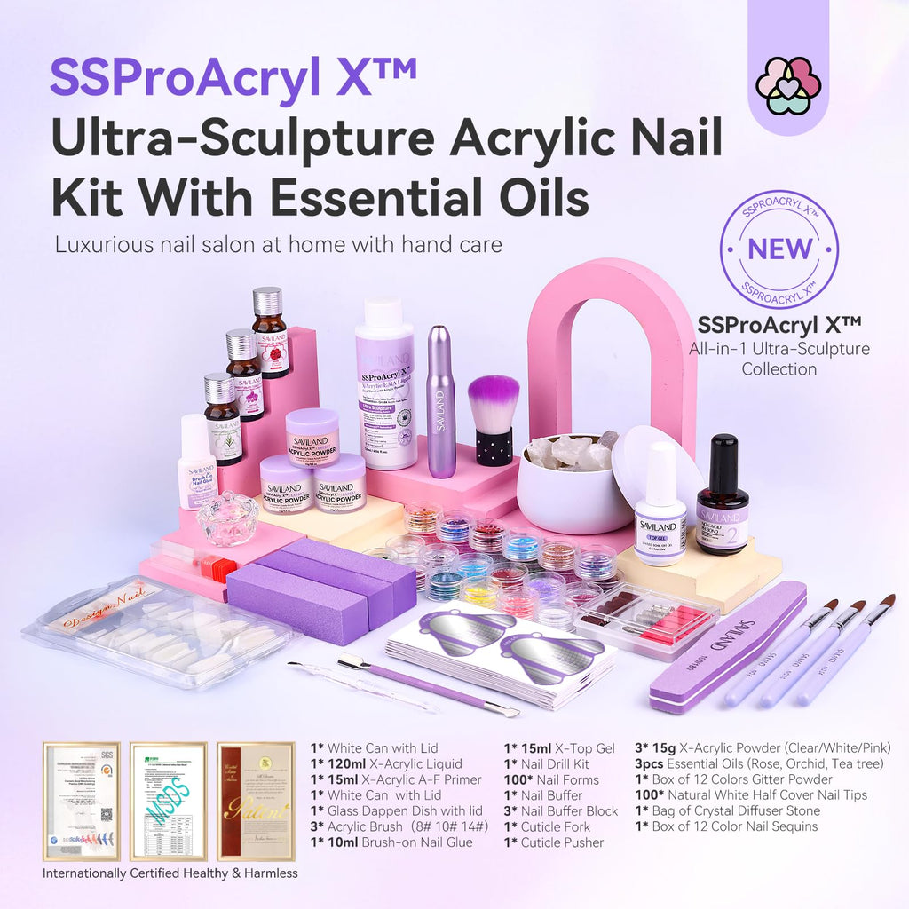 SAVILAND Pro Nail Kit: 30-Day Wear Acrylic System with Electric Drill & Monomer Liquid