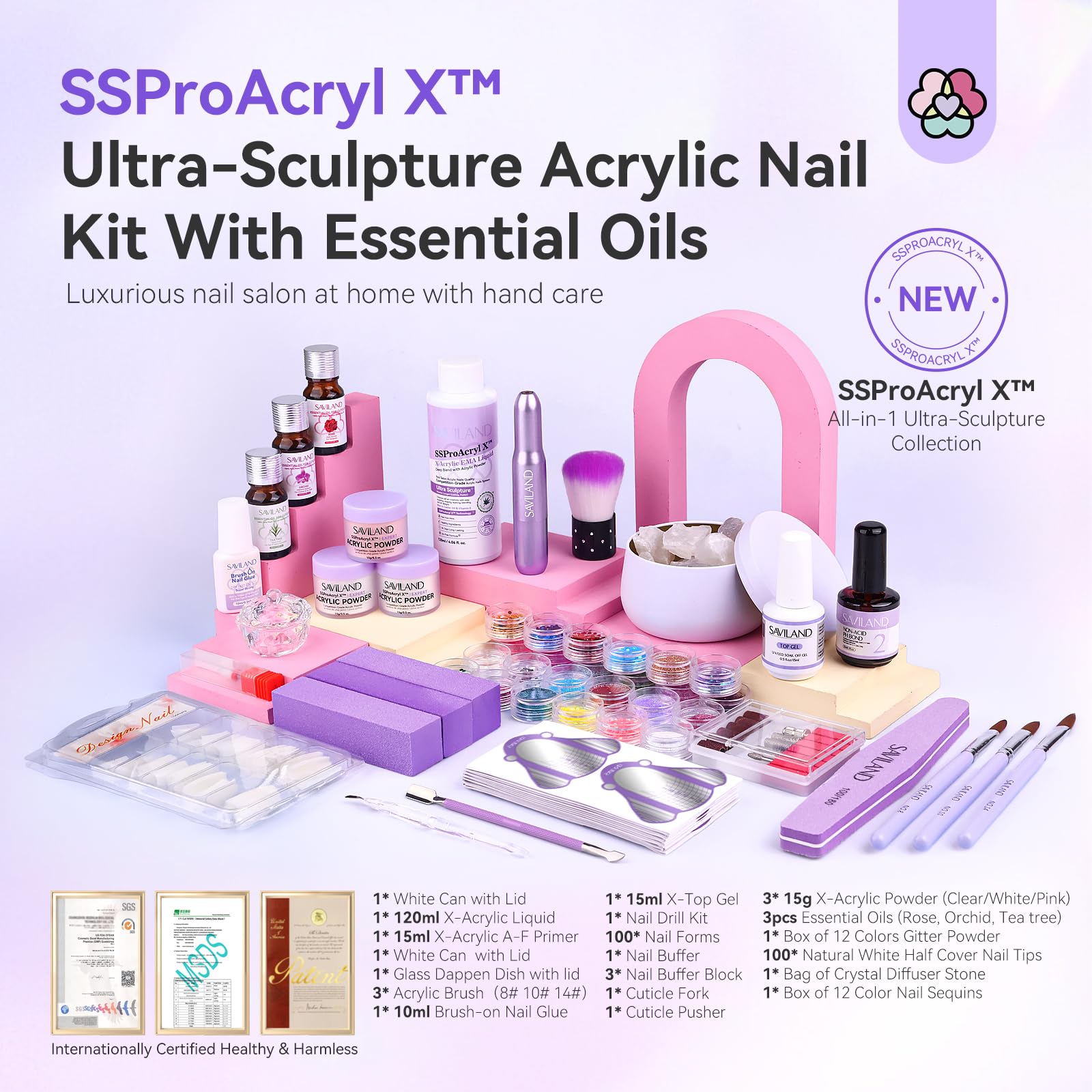 SAVILAND Pro Nail Kit: 30-Day Wear Acrylic System with Electric Drill & Monomer Liquid