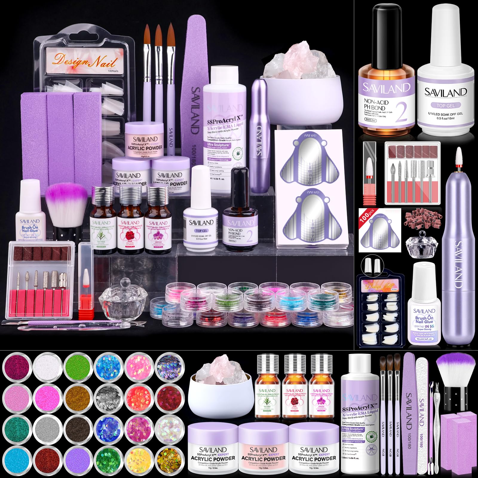 SAVILAND Pro Nail Kit: 30-Day Wear Acrylic System with Electric Drill & Monomer Liquid