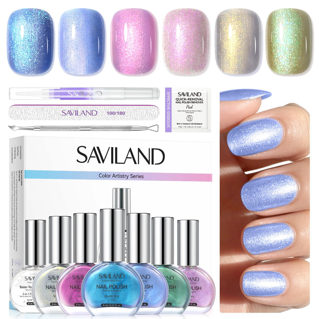 SAVILAND Quick-Dry Aurora Nail Polish Kit | 6+1 Colors, 12-Free, 60–120s Dry, 3-in-1 Base Top Coat + Cuticle Oil