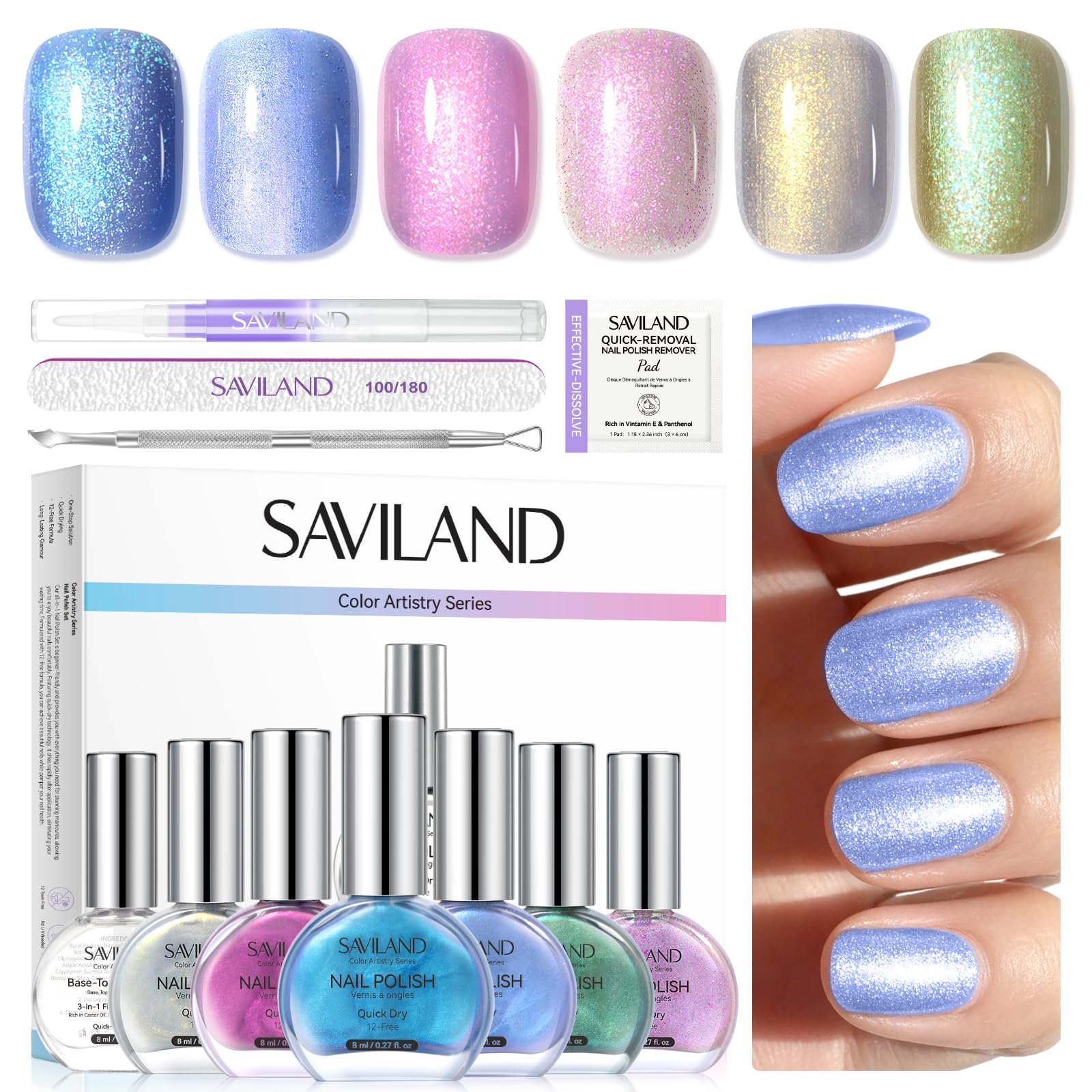 SAVILAND Quick-Dry Aurora Nail Polish Kit | 6+1 Colors, 12-Free, 60–120s Dry, 3-in-1 Base Top Coat + Cuticle Oil