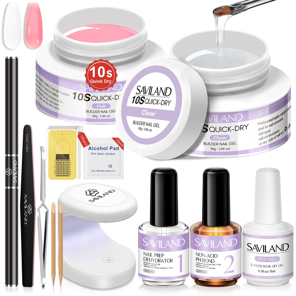 SAVILAND Quick-dry Builder Nail Gel Kit – Clear & Pink Gels with Mini UV Light