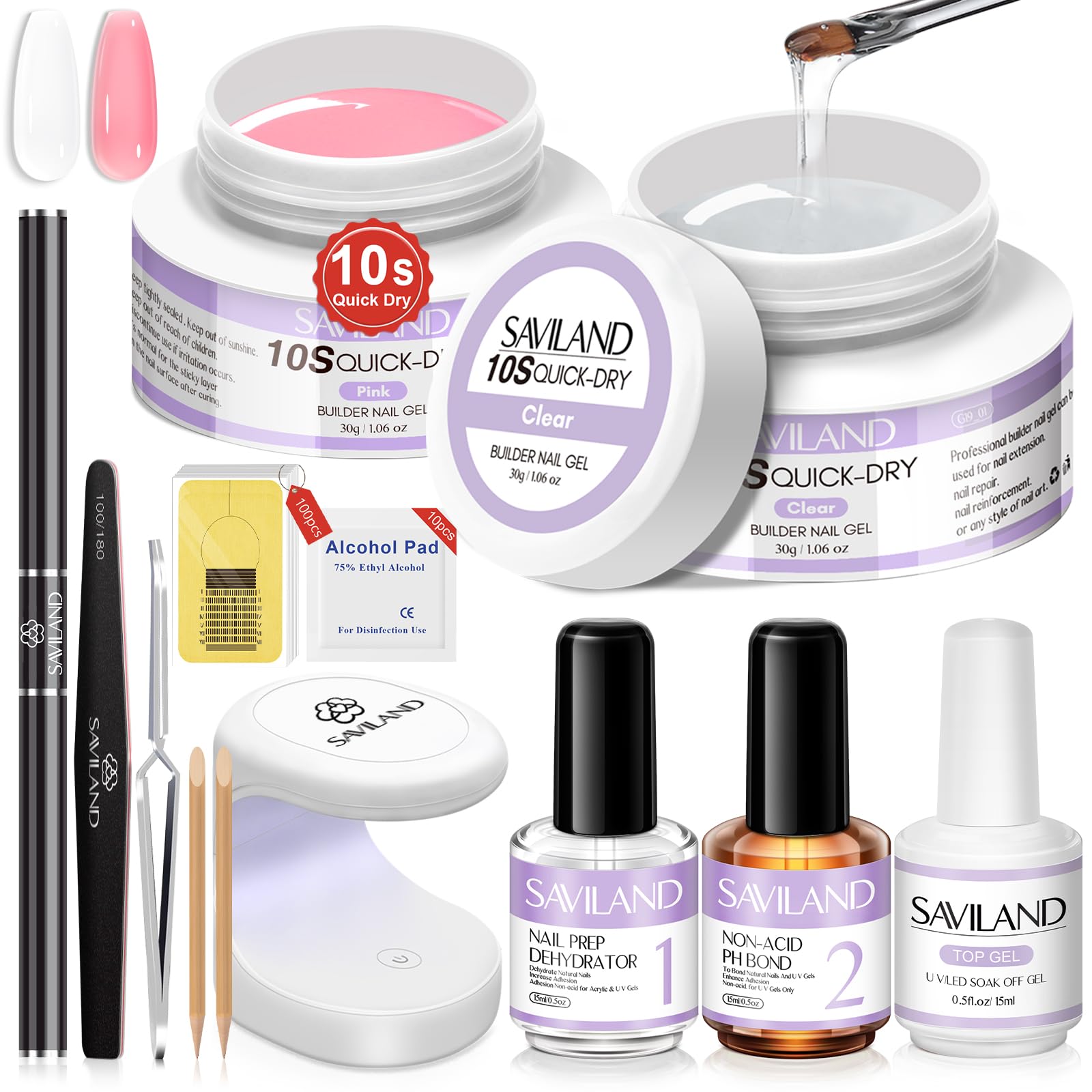 SAVILAND Quick-dry Builder Nail Gel Kit – Clear & Pink Gels with Mini UV Light
