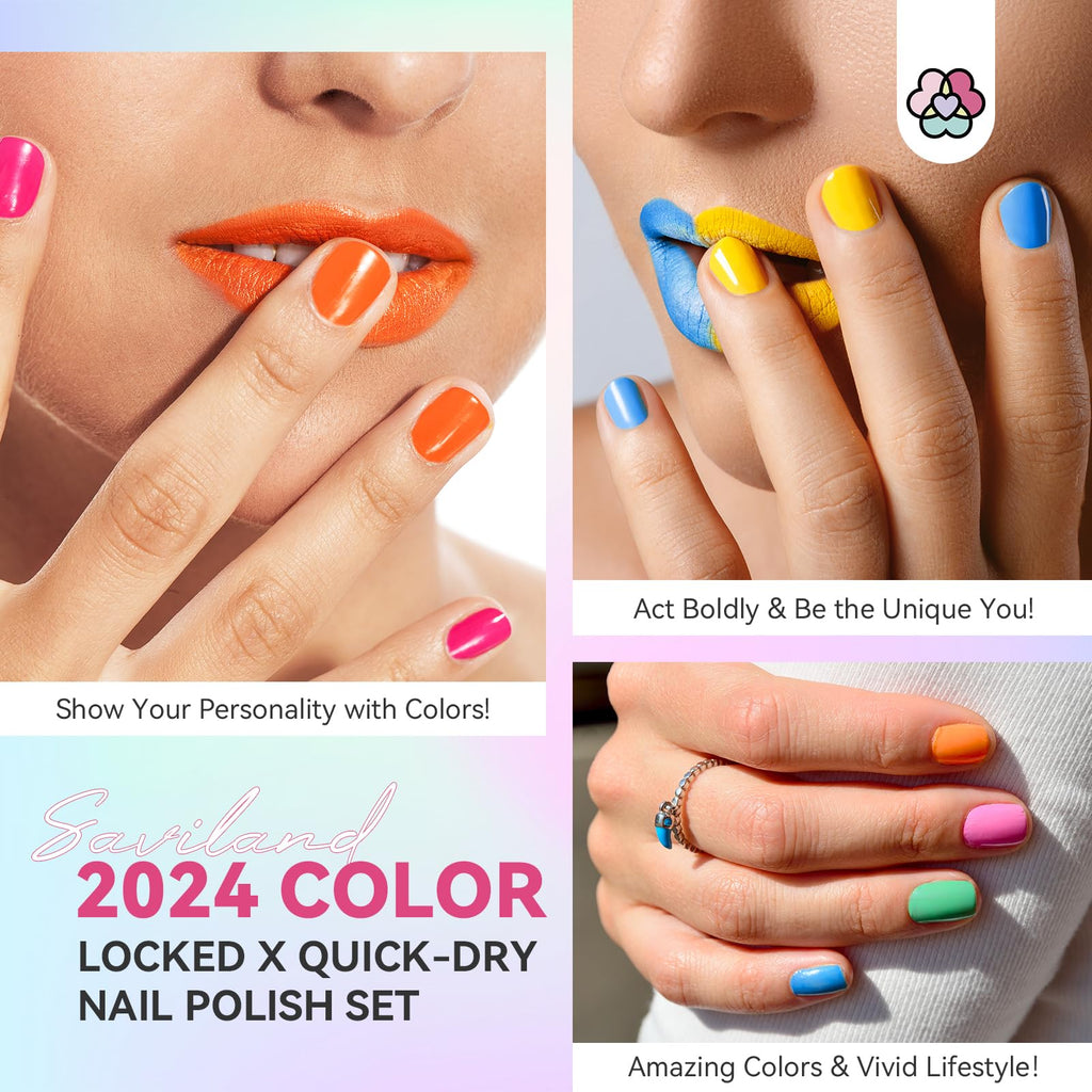 SAVILAND Quick Dry Nail Polish Set - 14 Neon Summer Colors, Base & Top Coat Included