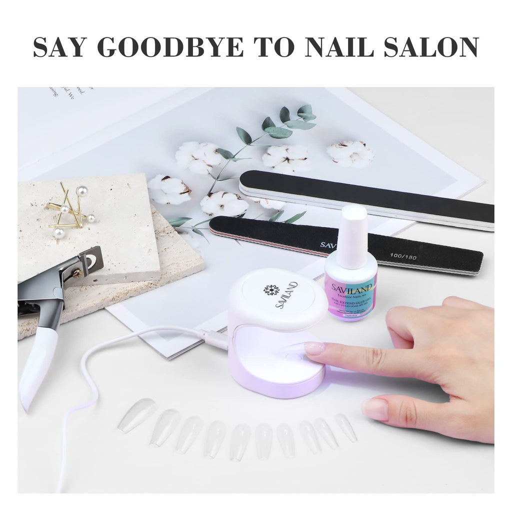 SAVILAND Nail Kit for Beginners — All-in-One Coffin Tips, 4-in-1 Glue & Mini UV Lamp
