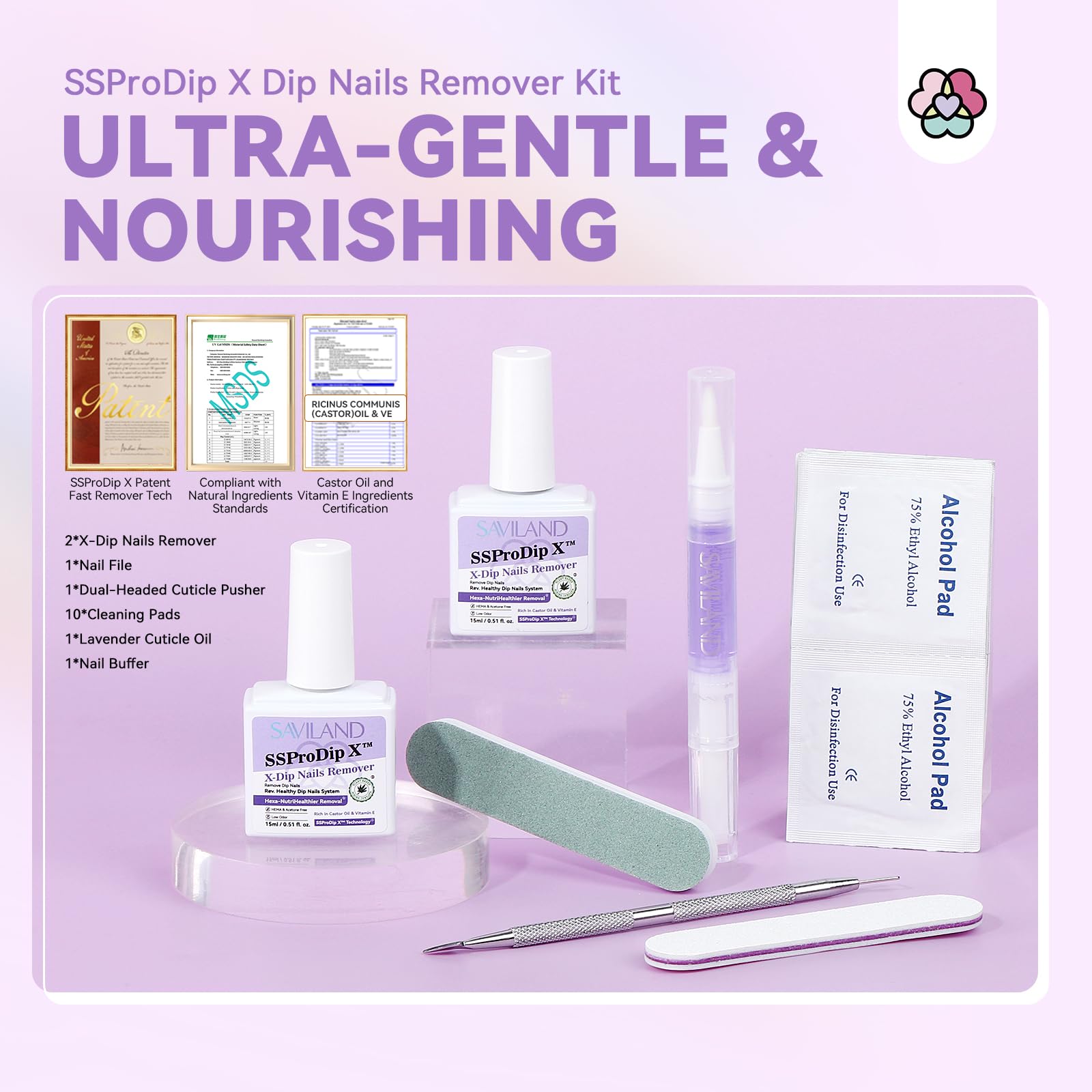 SAVILAND Dip Powder Remover 2 Pcs – Gentle At-Home Nail Removal Kit with Cuticle Oil Pen & Tools