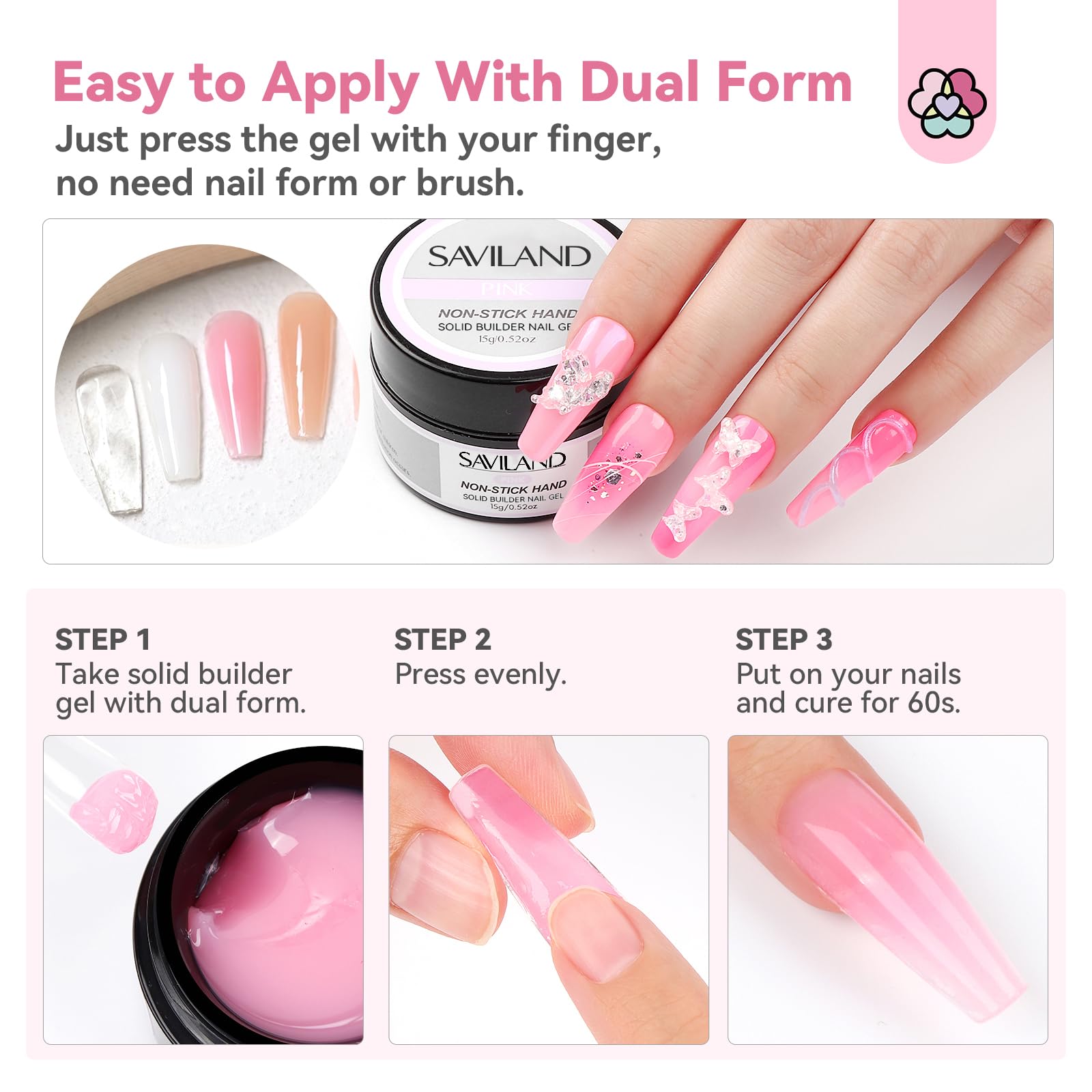 SAVILAND Non Sticky Solid Builder Nail Gel Kit — 4 Colors, Long-Lasting Wear, Chrome Powder & Mermaid Glitter