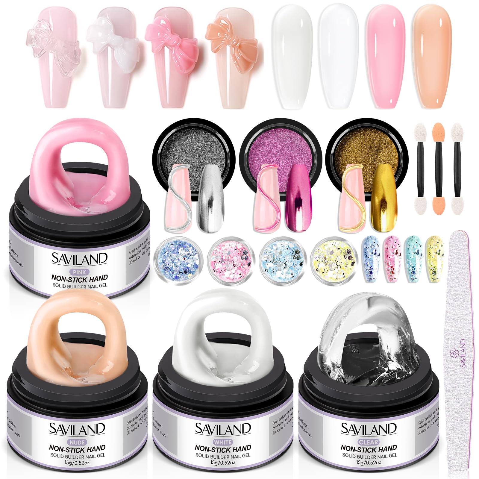 SAVILAND Non Sticky Solid Builder Nail Gel Kit — 4 Colors, Long-Lasting Wear, Chrome Powder & Mermaid Glitter