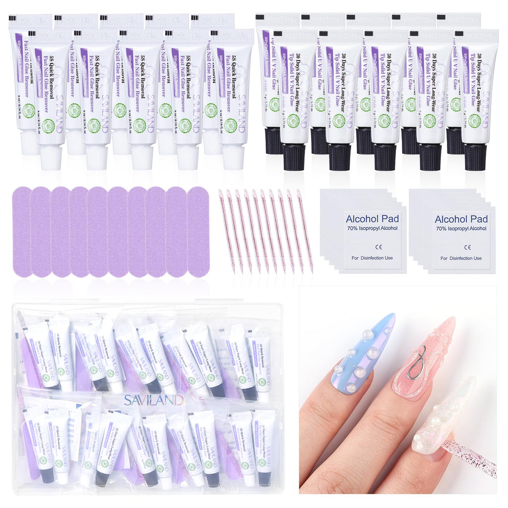 SAVILAND Solid Nail Glue Gel & Remover Kit — 10-Pack Travel-Ready Press-On Nails Tool Set