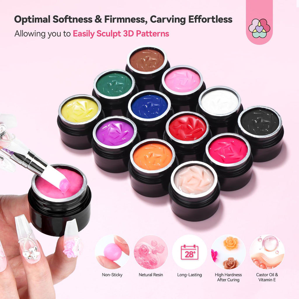 SAVILAND 3D Nail Gel Set – 12 Colors, Non-Sticky Soak Off, 3D Sculpting Kit for DIY Nail Art