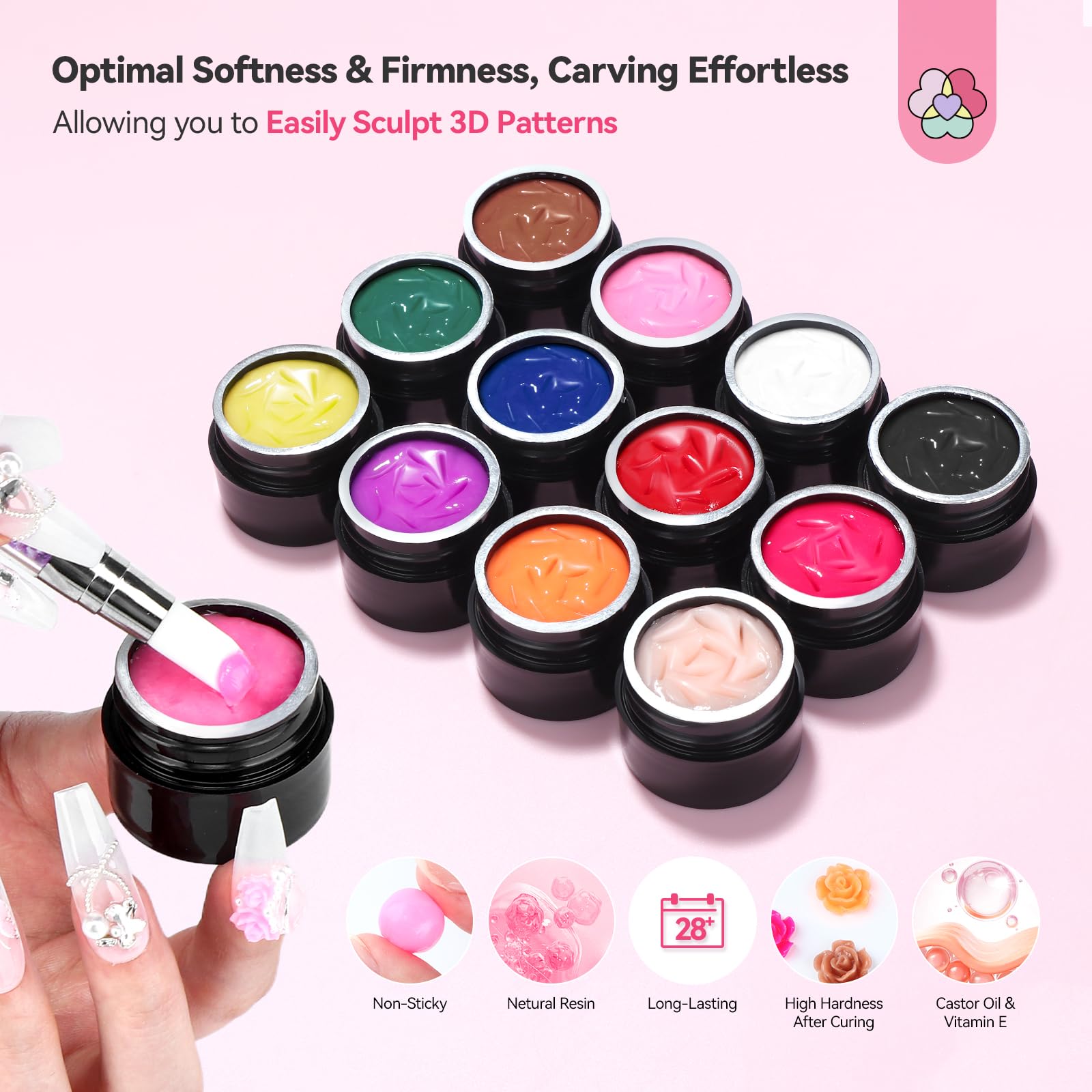 SAVILAND 3D Nail Gel Set – 12 Colors, Non-Sticky Soak Off, 3D Sculpting Kit for DIY Nail Art