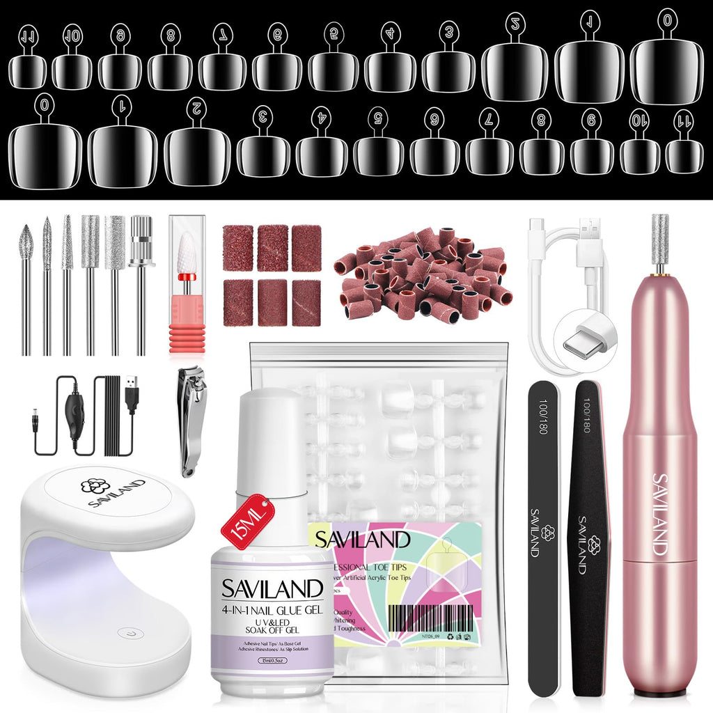SAVILAND Toe Nail Tips & Glue Gel Kit – Gel Toenails, Nail Drill, Mini Lamp, At-Home Pedicure