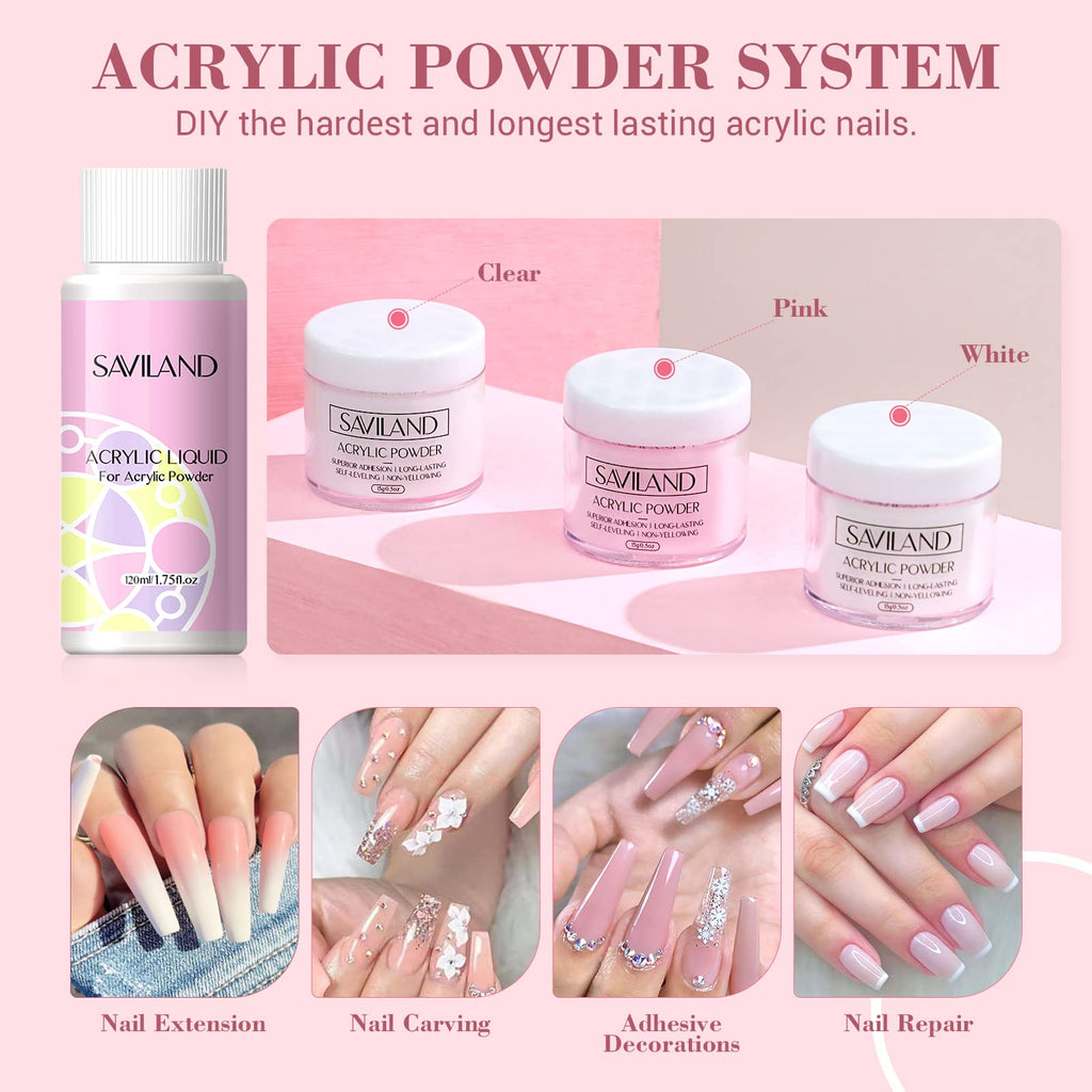 SAVILAND Essentials Acrylic Nail Kit for Beginners – 120ml Monomer, Glitter Powder, Nail Drill & UV Lamp