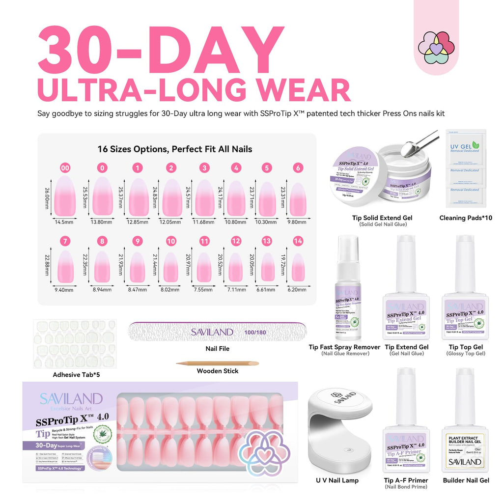 SAVILAND Almond Nail Tips – 96 Pcs, 16 Sizes, Pink White Ombre, 30 Days Wear
