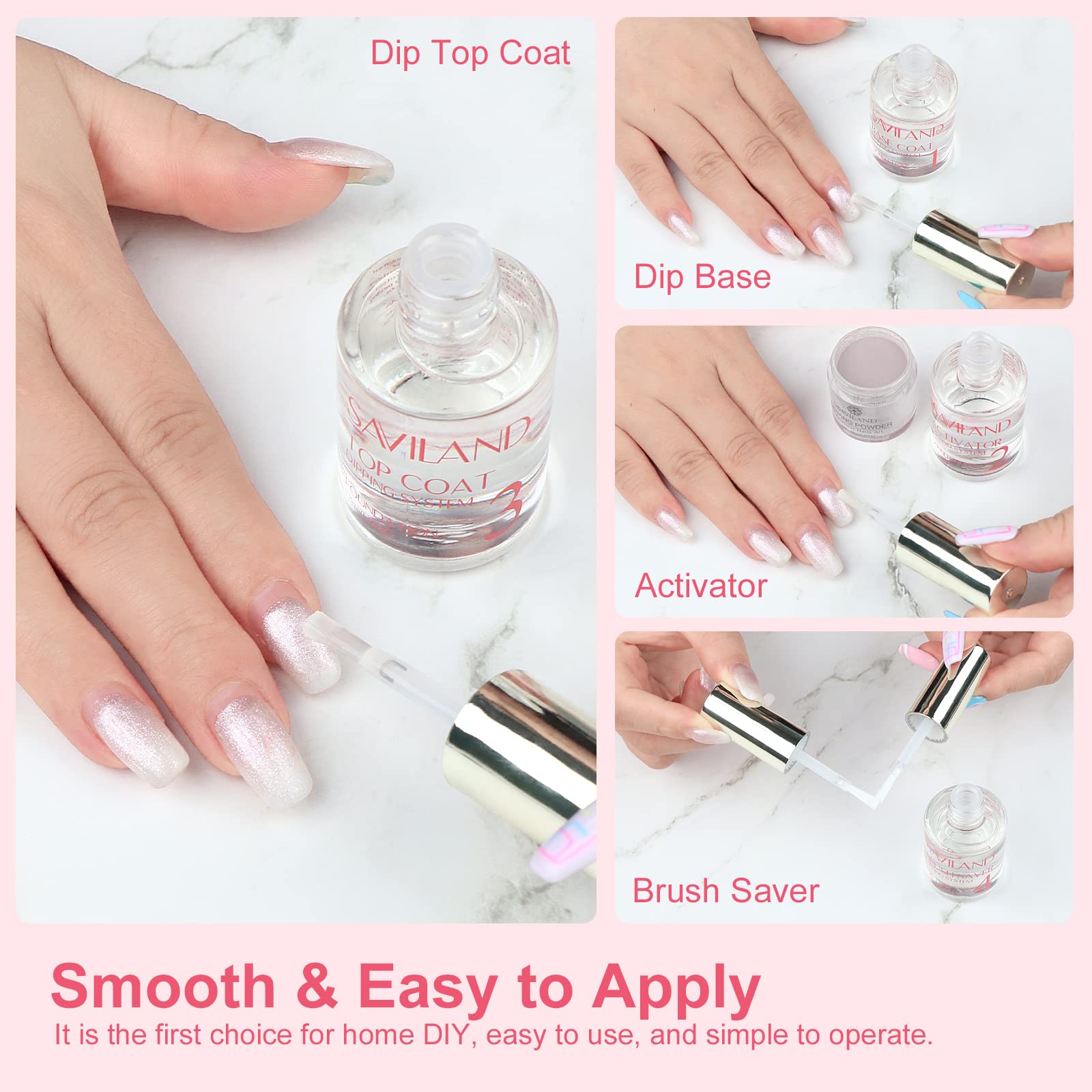 SAVILAND Dip Powder Liquid Set – HEMA-Free Base/Top Coat, Activator, Brush Saver, Nail Files (10 Pcs)