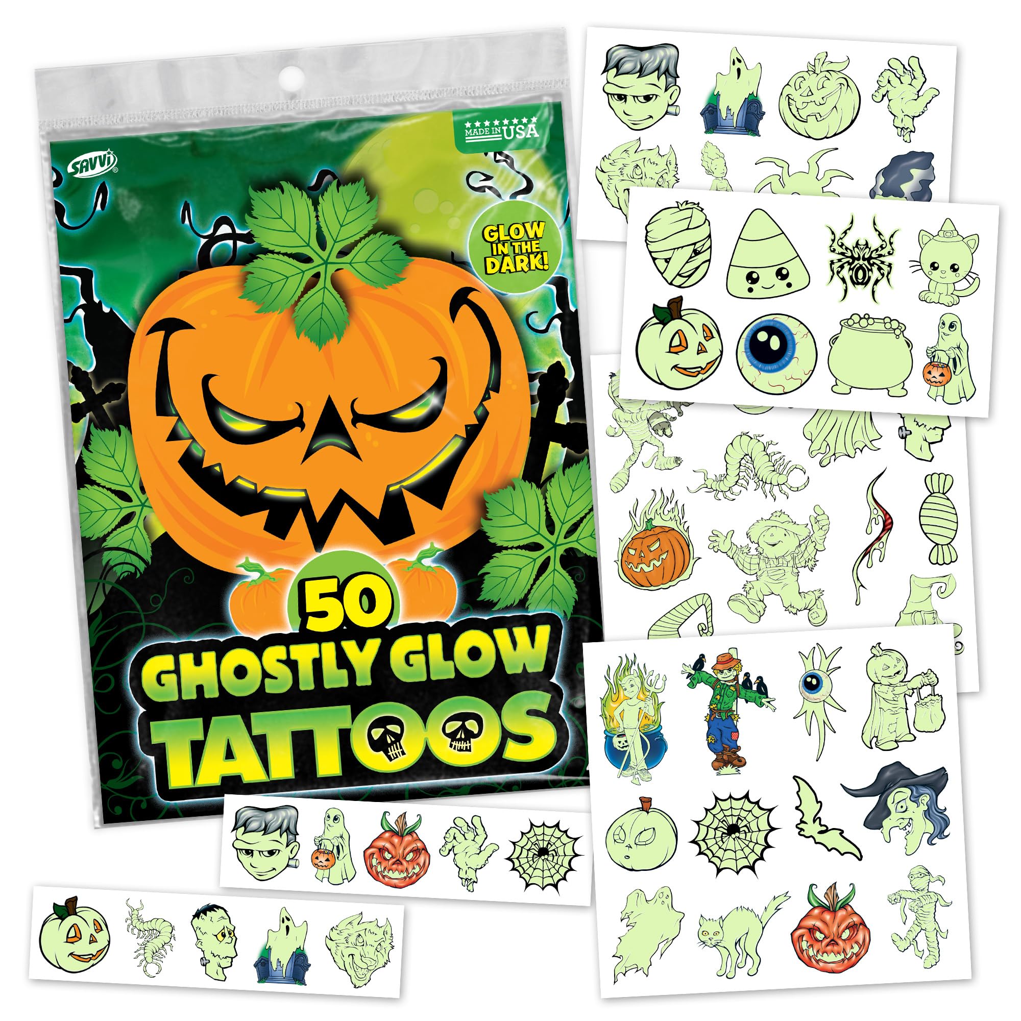 Savvi Glow in the Dark Ghost Temporary Tattoos – 50 Pack for Halloween, Non-Toxic & Easy to Apply