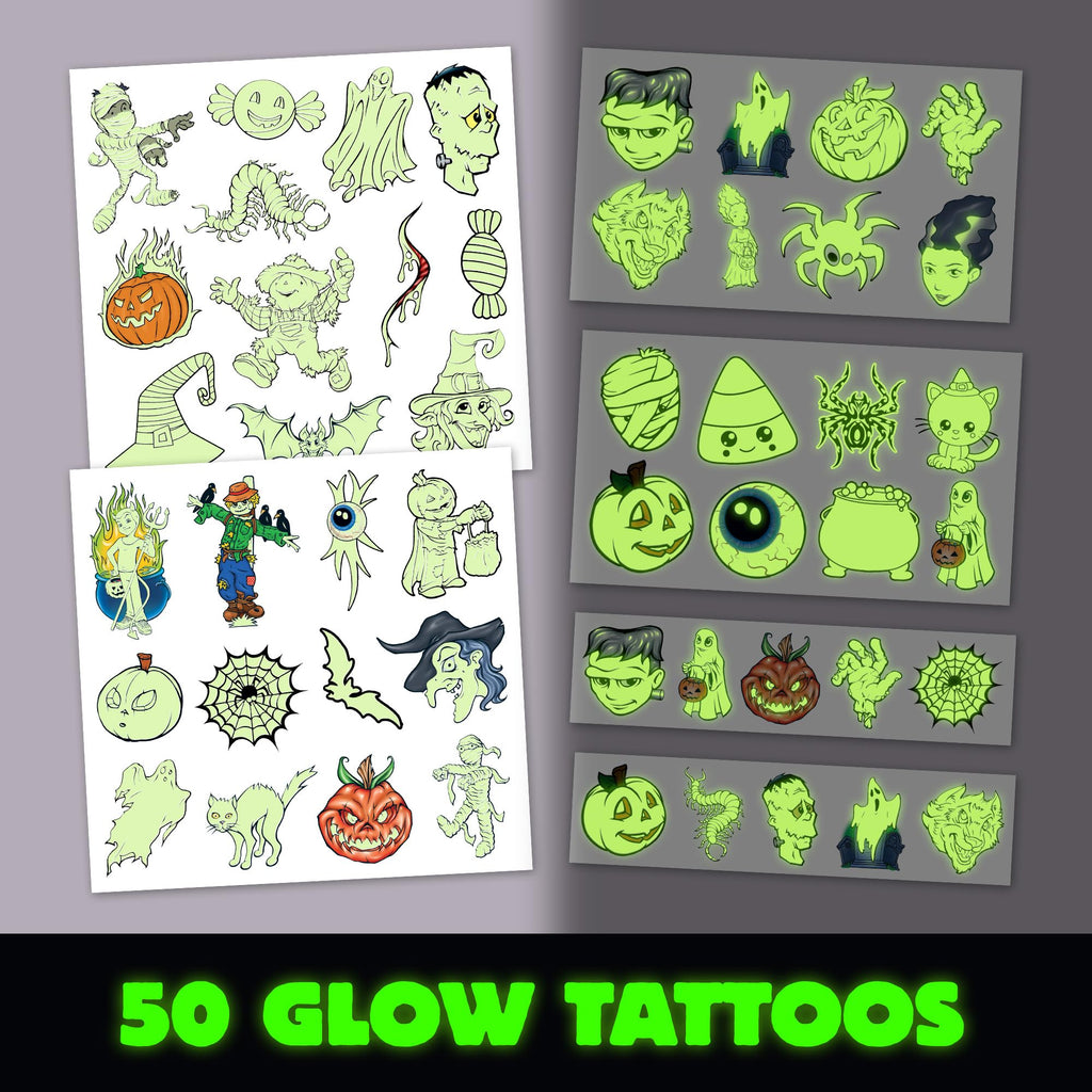Savvi Glow in the Dark Ghost Temporary Tattoos – 50 Pack for Halloween, Non-Toxic & Easy to Apply