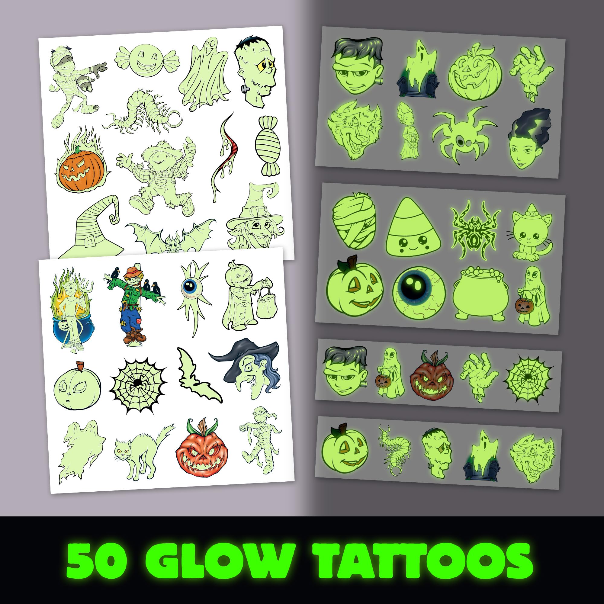 Savvi Glow in the Dark Ghost Temporary Tattoos – 50 Pack for Halloween, Non-Toxic & Easy to Apply