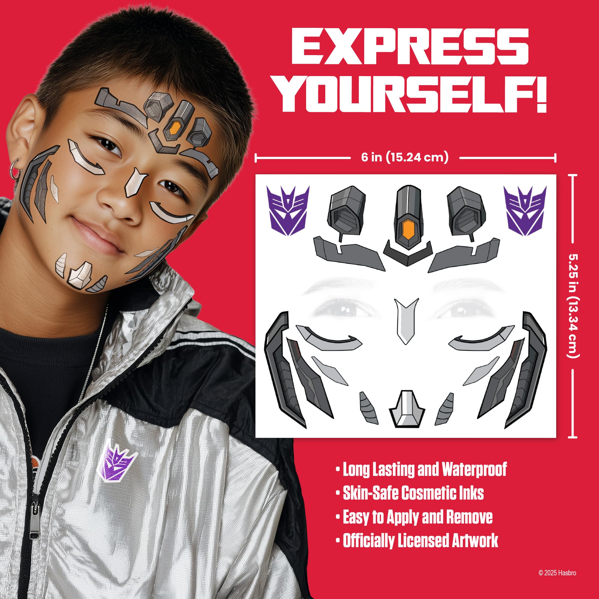Savvi Transformers Costume Face Tattoos – Temporary Tattoos for Kids (Optimus Prime, Bumblebee) – Easy, Skin-Safe, Non-Toxic