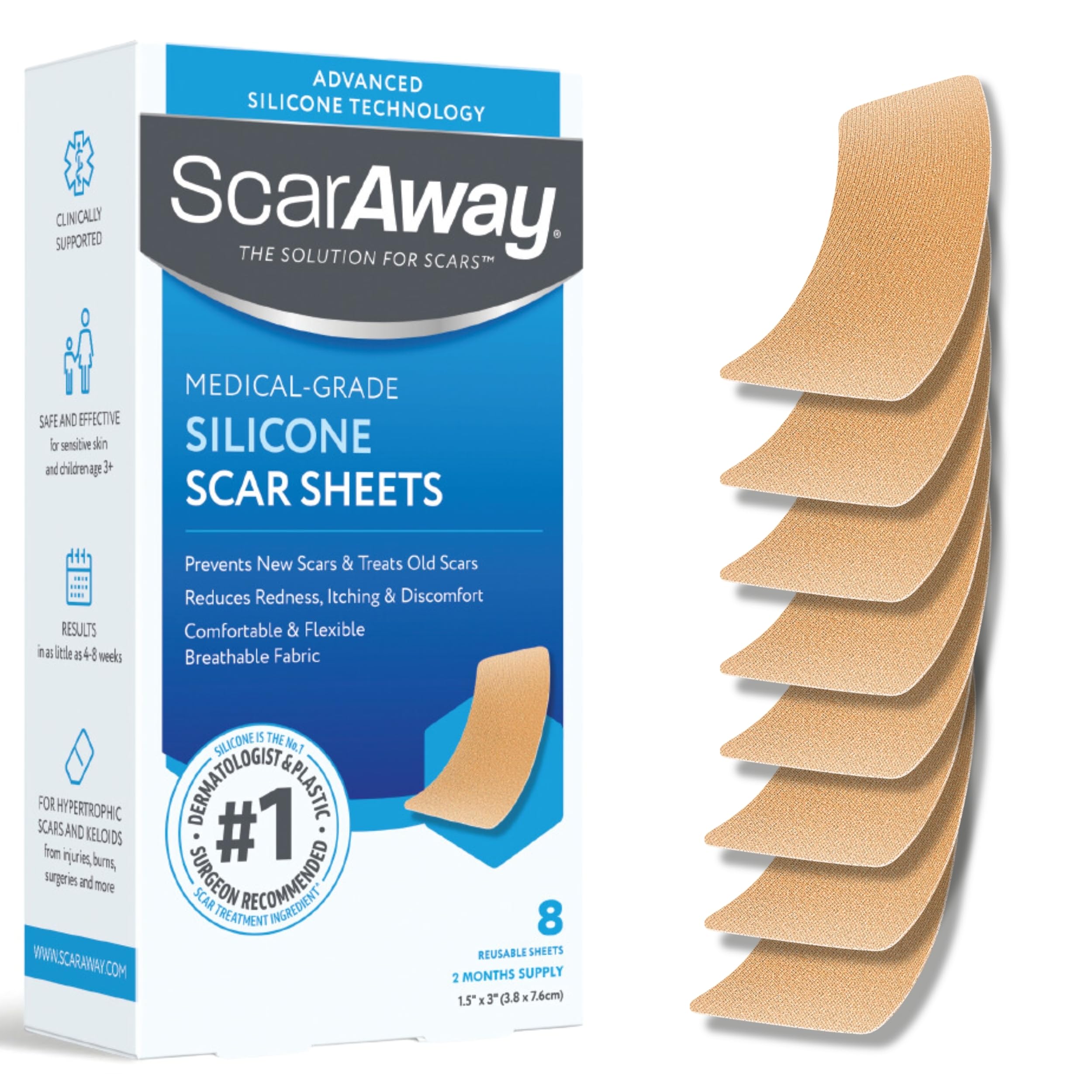 ScarAway Advanced Silicone Scar Sheets – Medical-Grade, Reusable 1.5 x 3 in Tan (8 Sheets)