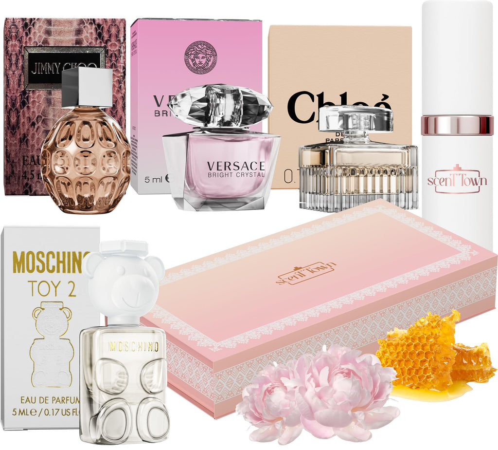 Scent Town Mini Perfumes for Women (Set of 5) – Designer Samples + Empty Refillable Atomizer in Gift Box