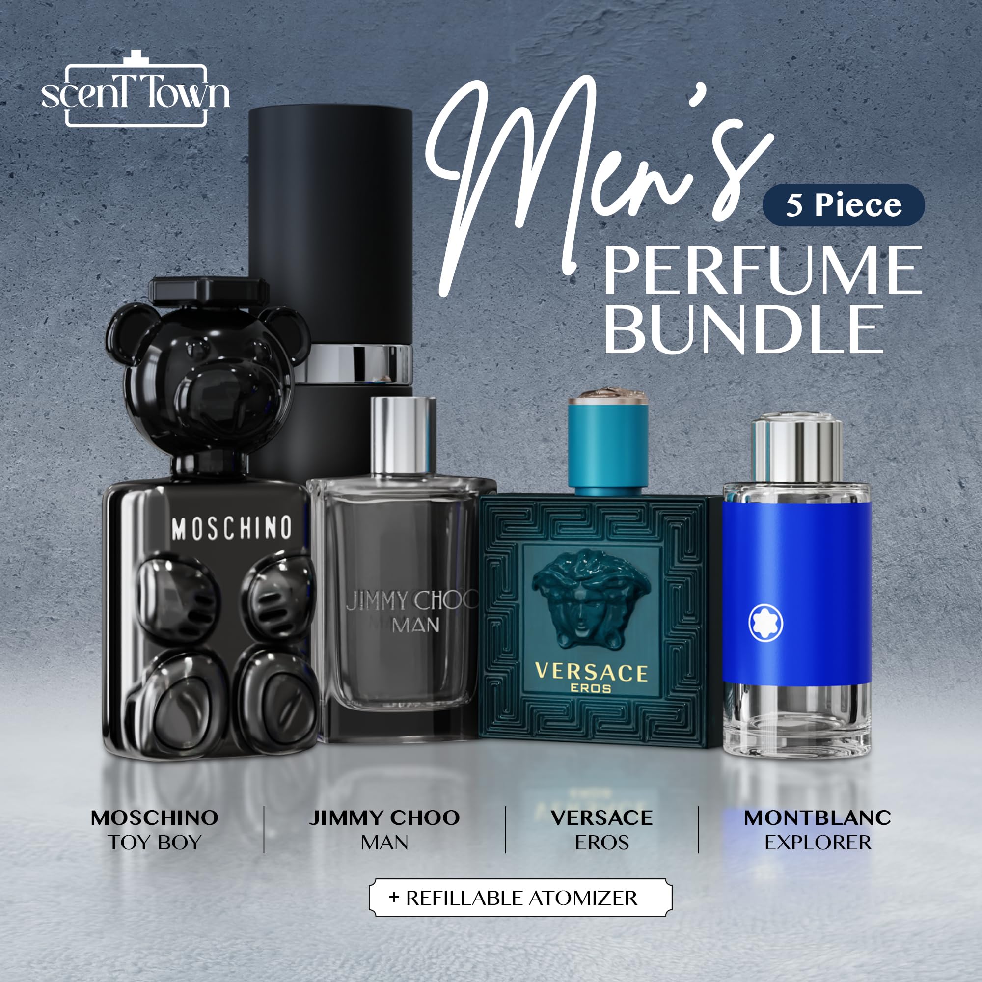 Scent Town Four Designer Cologne Minis Gift Set | Refillable Atomizer Included