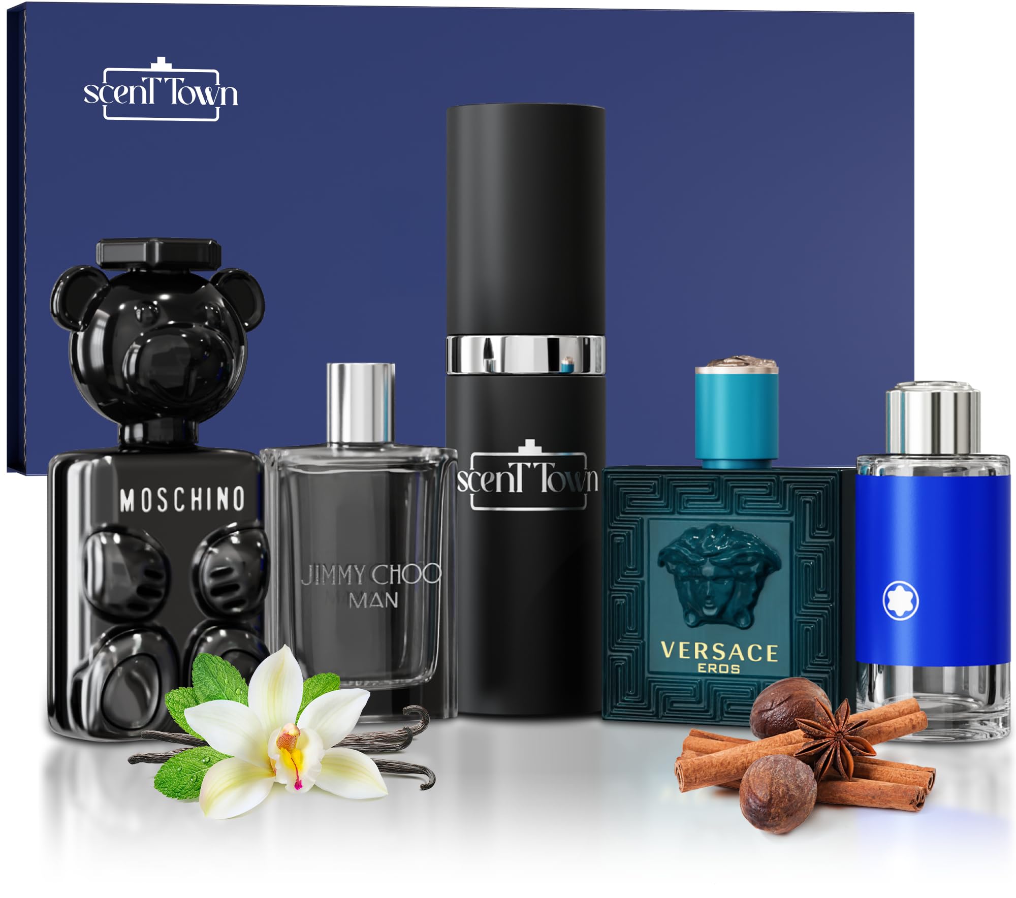 Scent Town Four Designer Cologne Minis Gift Set | Refillable Atomizer Included